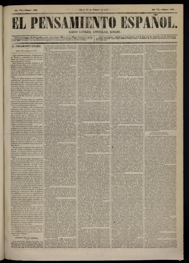 Miniatura de El Pensamiento Español del 22 de febrero de 1866, nº 1889