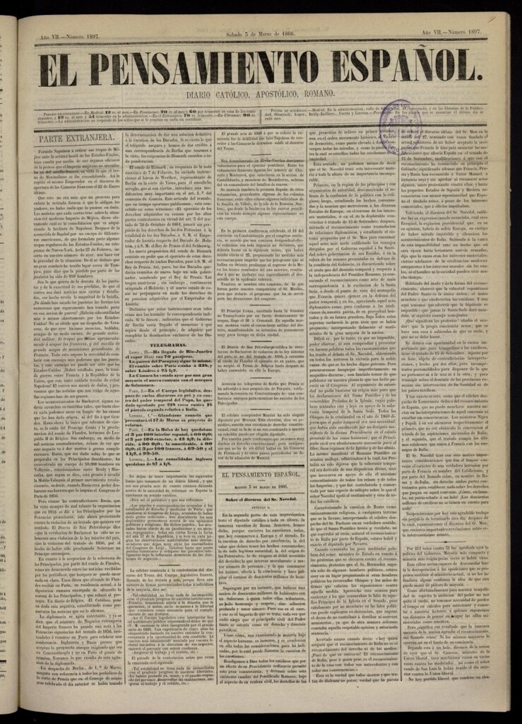 Miniatura de El Pensamiento Español del 3 de marzo de 1866, nº 1898