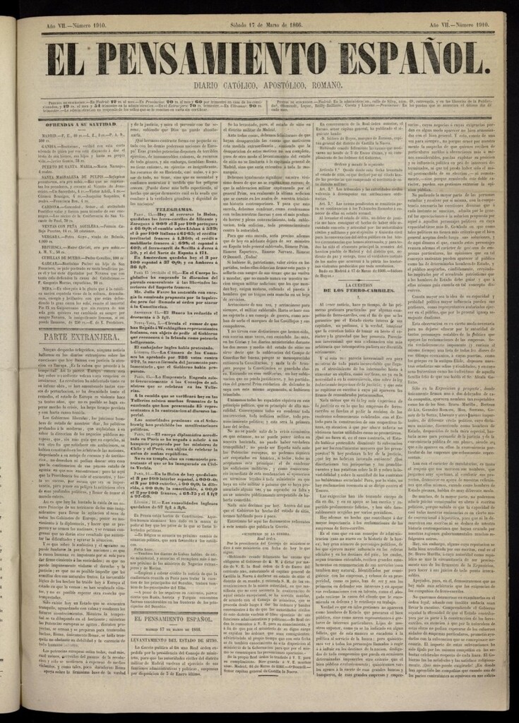 Miniatura de El Pensamiento Español del 17 de marzo de 1866, nº 1910 [sic]