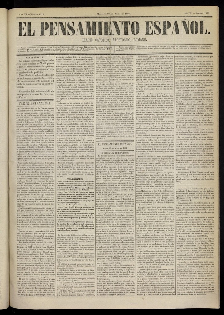 Miniatura de El Pensamiento Español del 28 de marzo de 1866, nº 1919
