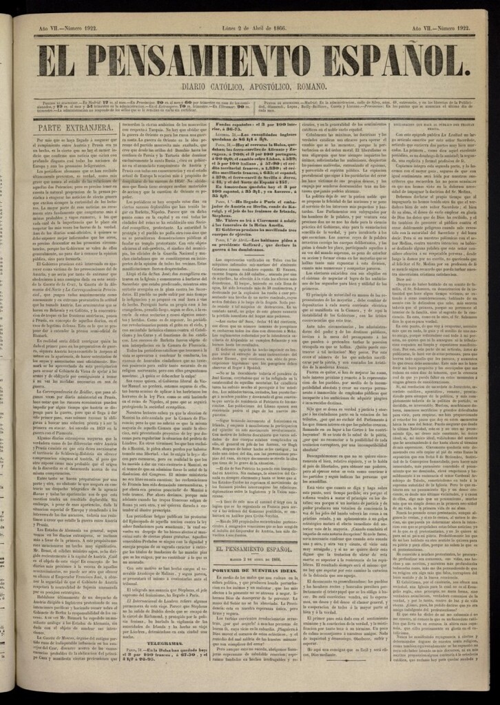 Miniatura de El Pensamiento Español del 2 de abril de 1866, nº 1922