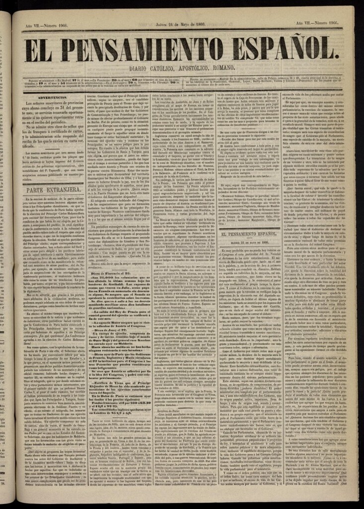 Miniatura de El Pensamiento Español del 24 de mayo de 1866, nº 1966