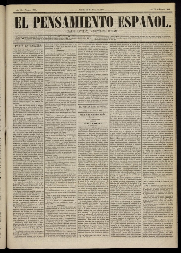 Miniatura de El Pensamiento Español del 16 de junio de 1866, nº 1985