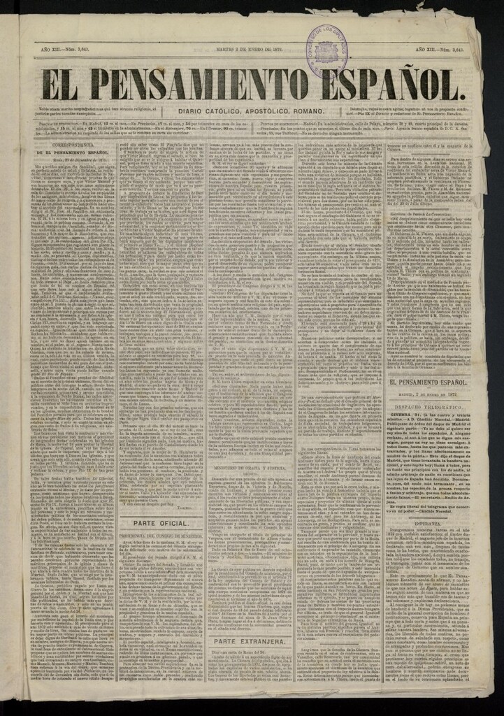 Miniatura de El Pensamiento Español del 2 de enero de 1872, nº 3643