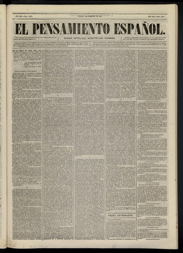 Miniatura de El Pensamiento Español del 5 de febrero de 1872, nº 3670