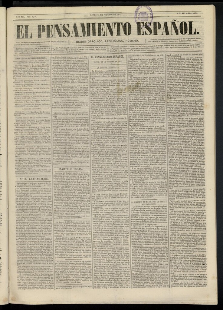 Miniatura de El Pensamiento Español del 12 de febrero de 1872, nº 3676