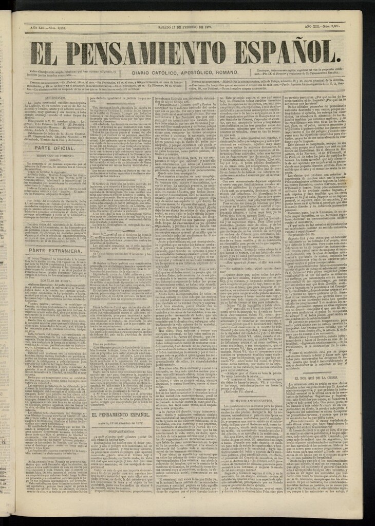 Miniatura de El Pensamiento Español del 17 de febrero de 1872, nº 3681