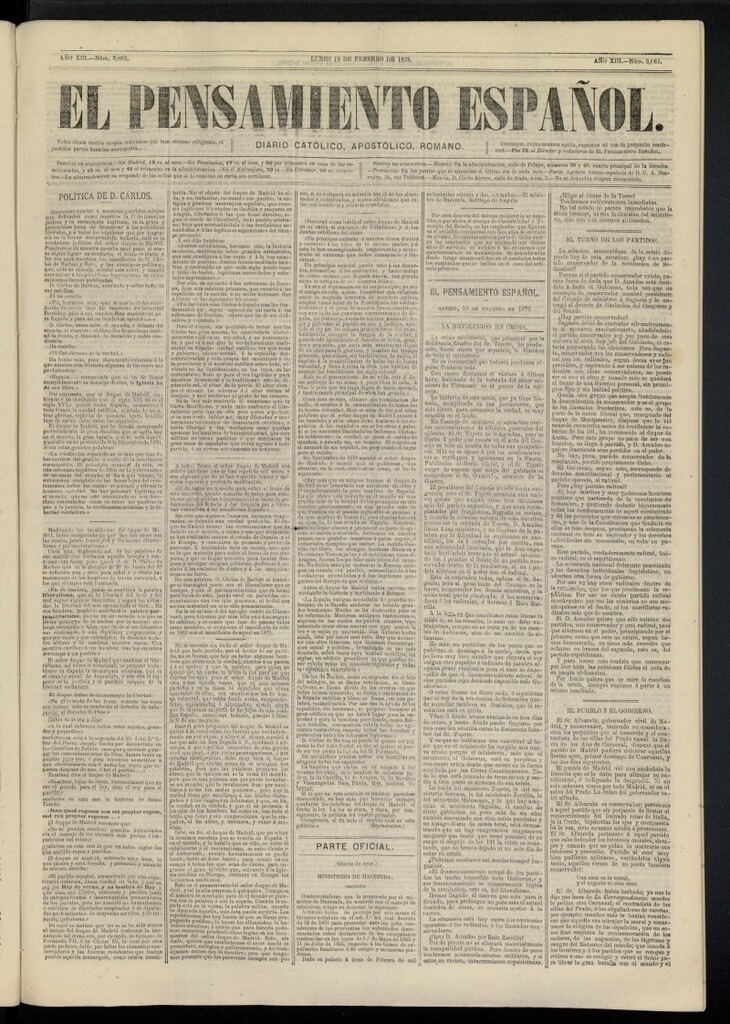 Miniatura de El Pensamiento Español del 19 de febrero de 1872, nº 3682