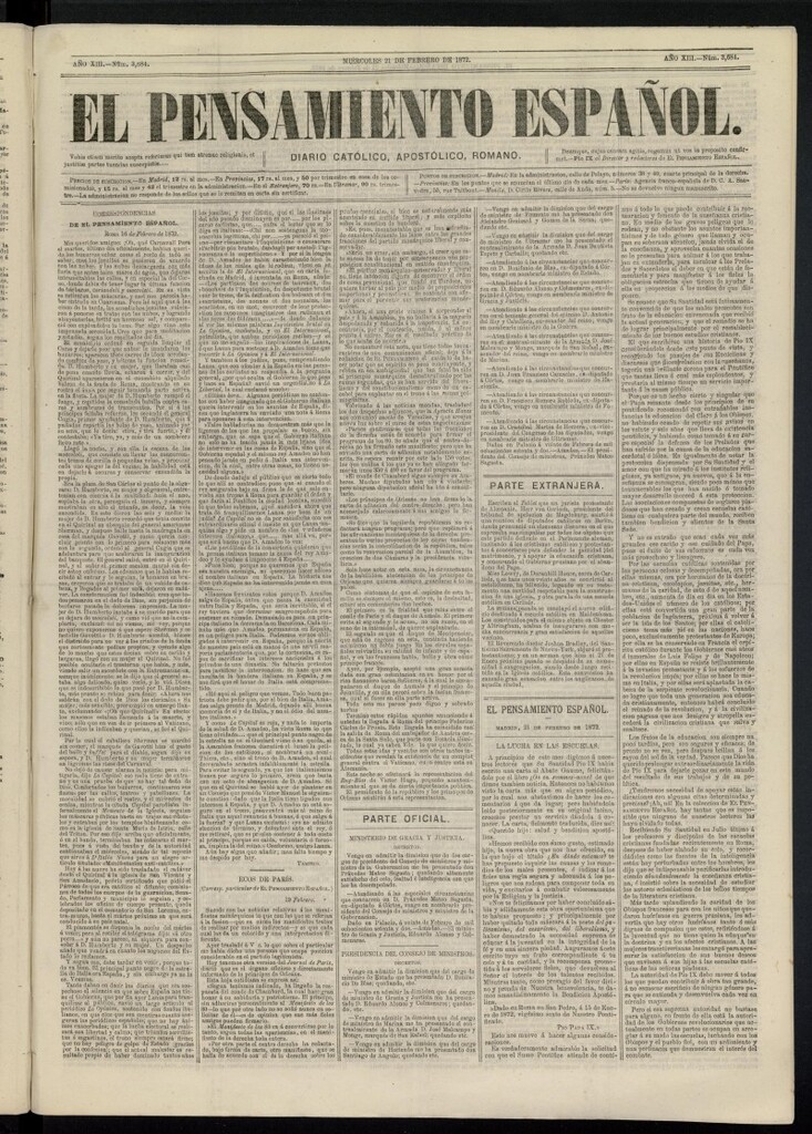 Miniatura de El Pensamiento Español del 21 de febrero de 1872, nº 3684