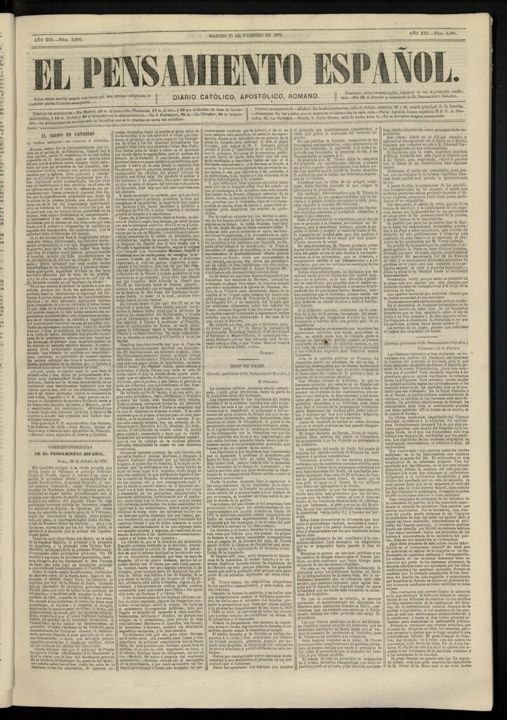 Miniatura de El Pensamiento Español del 27 de febrero de 1872, nº 3689