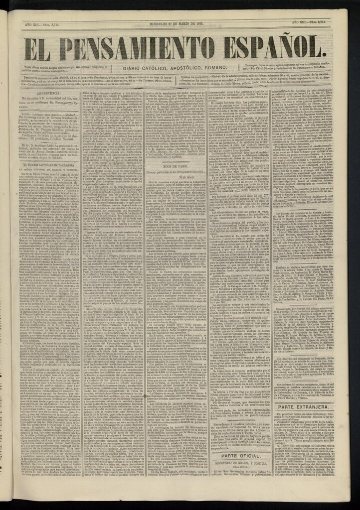 Miniatura de El Pensamiento Español del 27 de marzo de 1872, nº 3714