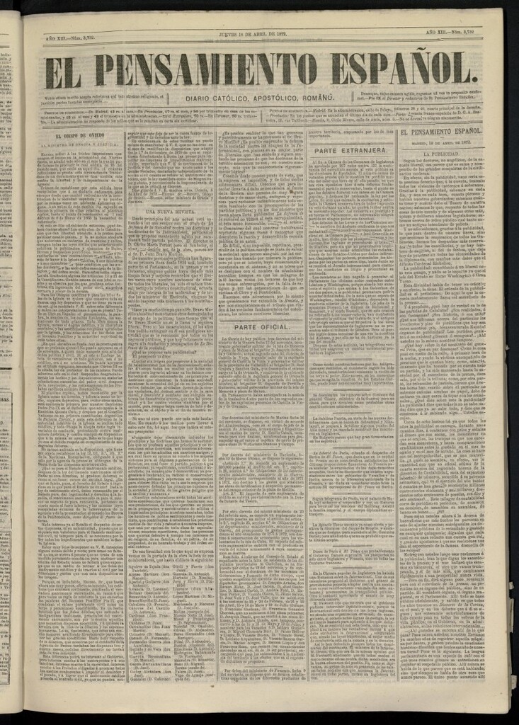 Miniatura de El Pensamiento Español del 18 de abril de 1872, nº 3732