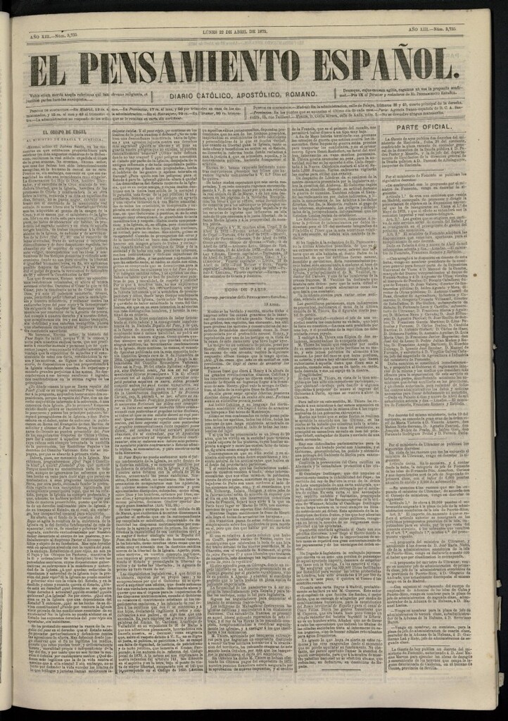 Miniatura de El Pensamiento Español del 22 de abril de 1872, nº 3735