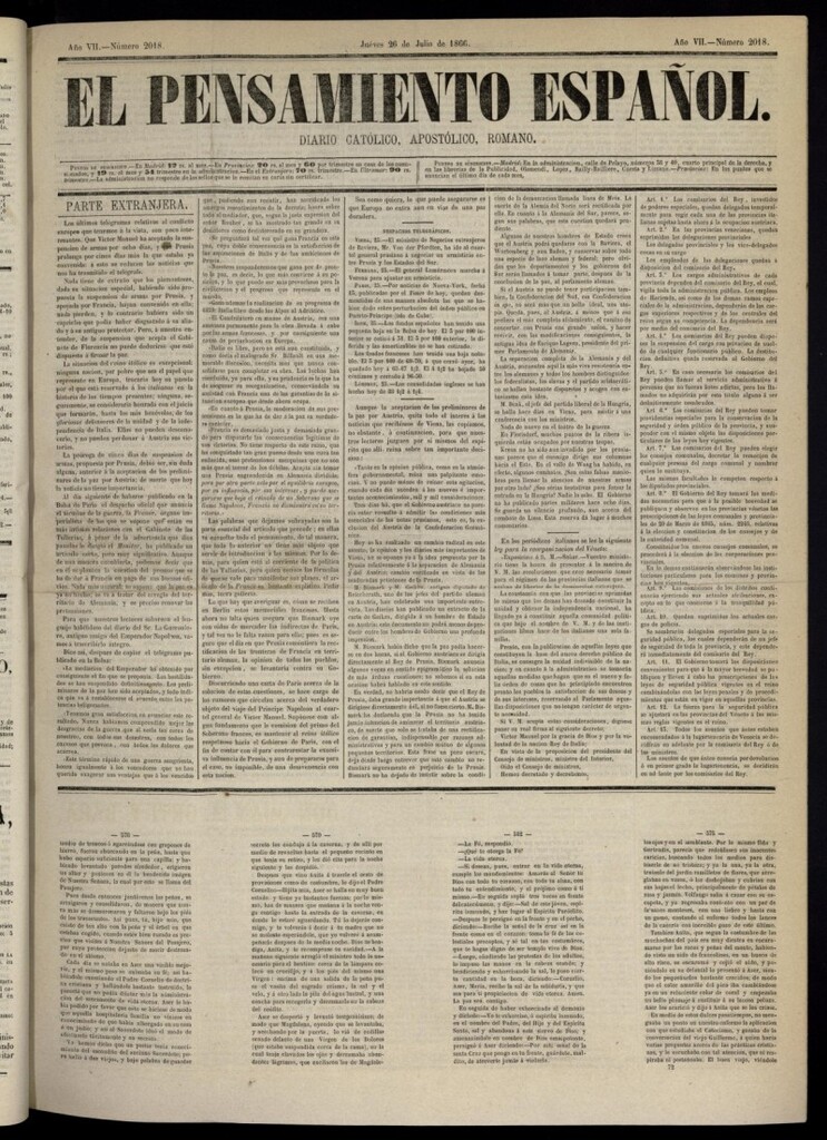 Miniatura de El Pensamiento Español del 26 de julio de 1866, nº 2018