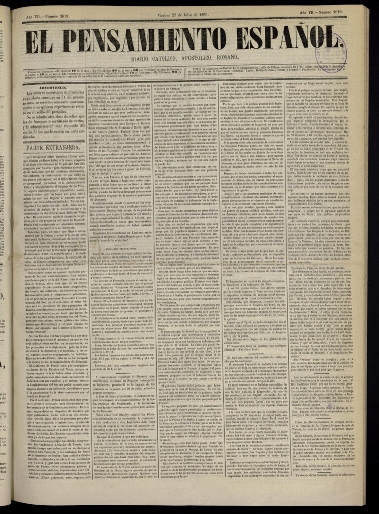Miniatura de El Pensamiento Español del 27 de julio de 1866, nº 2019