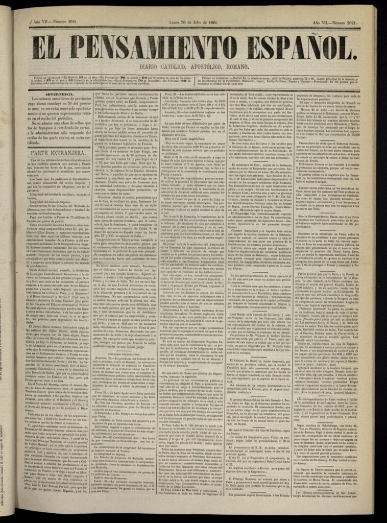 Miniatura de El Pensamiento Español del 30 de julio de 1866, nº 2021