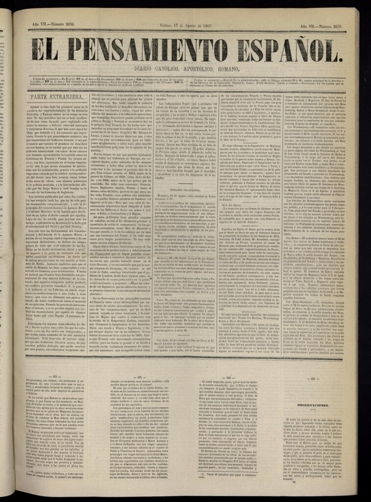 Miniatura de El Pensamiento Español del 17 de agosto de 1866, nº 2036