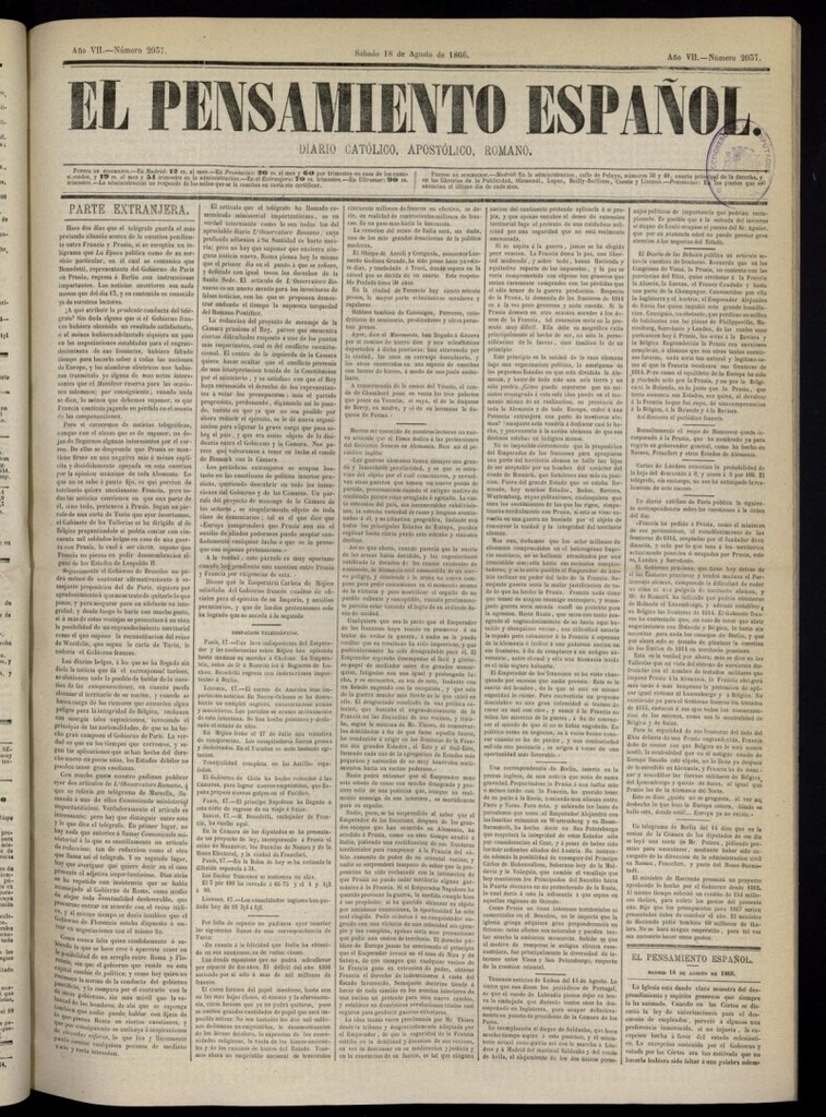 Miniatura de El Pensamiento Español del 18 de agosto de 1866, nº 2037