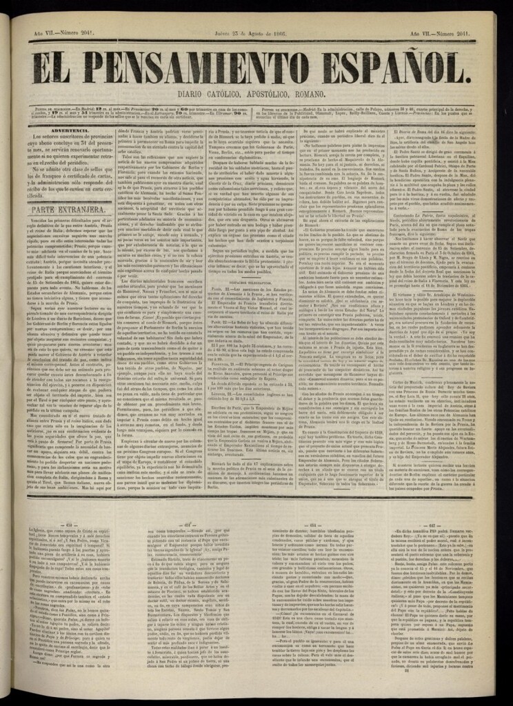 Miniatura de El Pensamiento Español del 23 de agosto de 1866, nº 2041