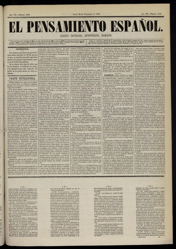 Miniatura de El Pensamiento Español del 26 de noviembre de 1866, nº 2120