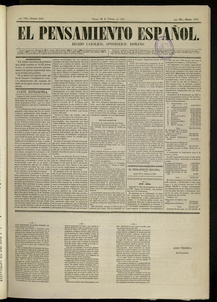 Miniatura de El Pensamiento Español del 22 de febrero de 1867, nº 2193