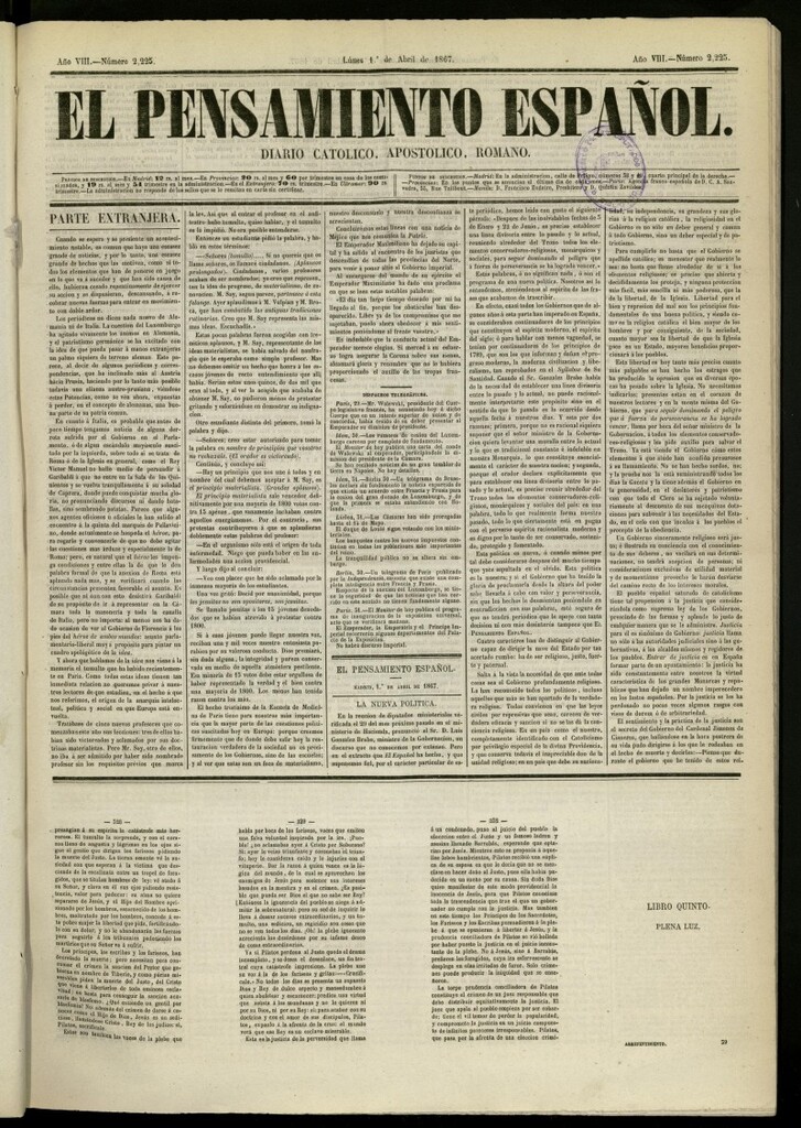 Miniatura de El Pensamiento Español del 1 de abril de 1867, nº 2225