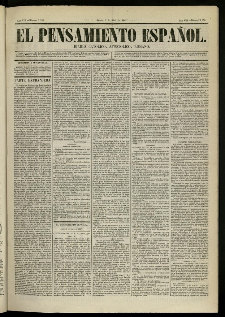 Miniatura de El Pensamiento Español del 6 de abril de 1867, nº 2230
