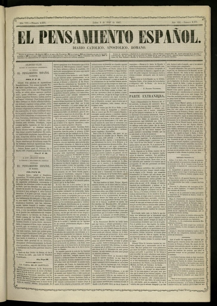 Miniatura de El Pensamiento Español del 8 de abril de 1867, nº 2231