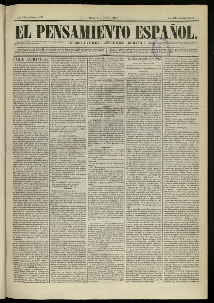 Miniatura de El Pensamiento Español del 9 de abril de 1867, nº 2232