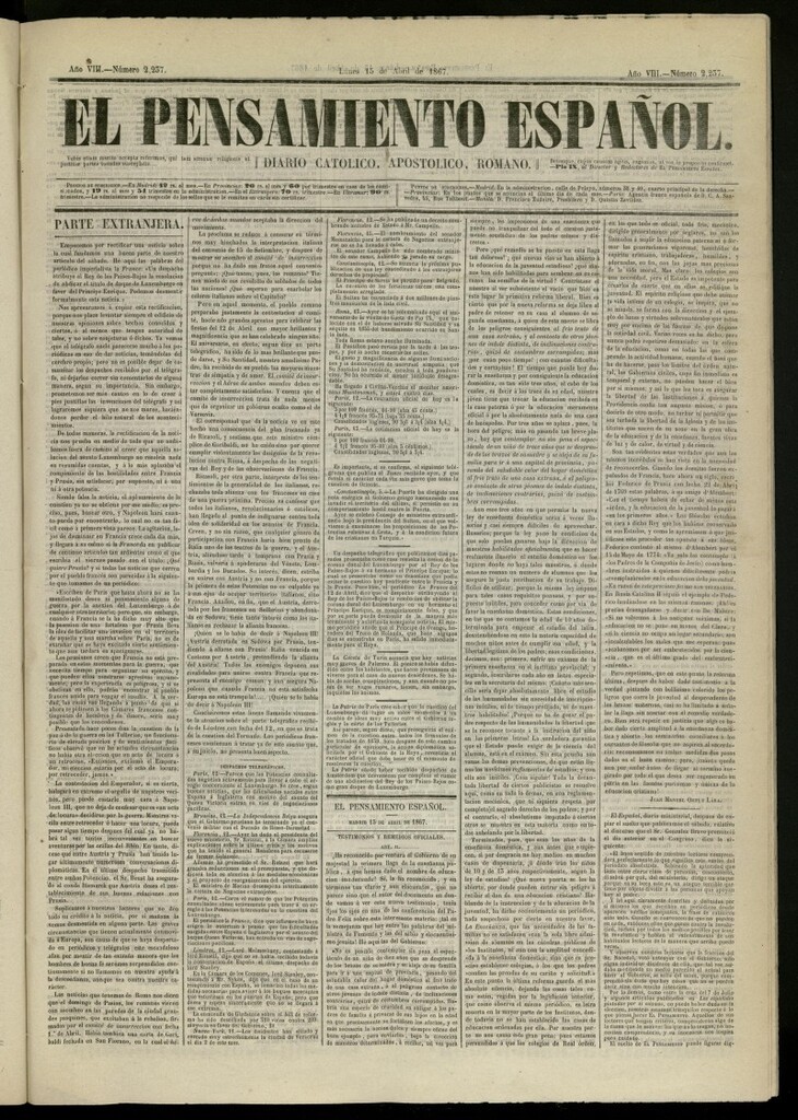 Miniatura de El Pensamiento Español del 15 de abril de 1867, nº 2237
