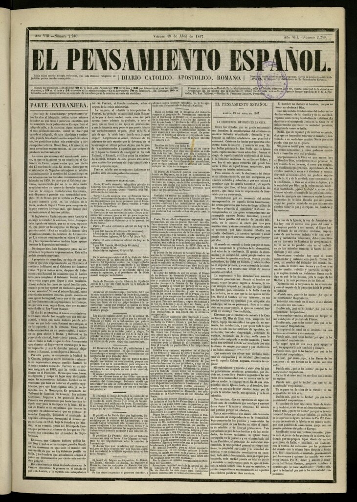 Miniatura de El Pensamiento Español del 19 de abril de 1867, nº 2240