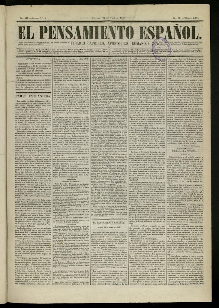 Miniatura de El Pensamiento Español del 24 de abril de 1867, nº 2244