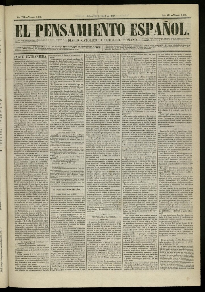 Miniatura de El Pensamiento Español del 25 de abril de 1867, nº 2245
