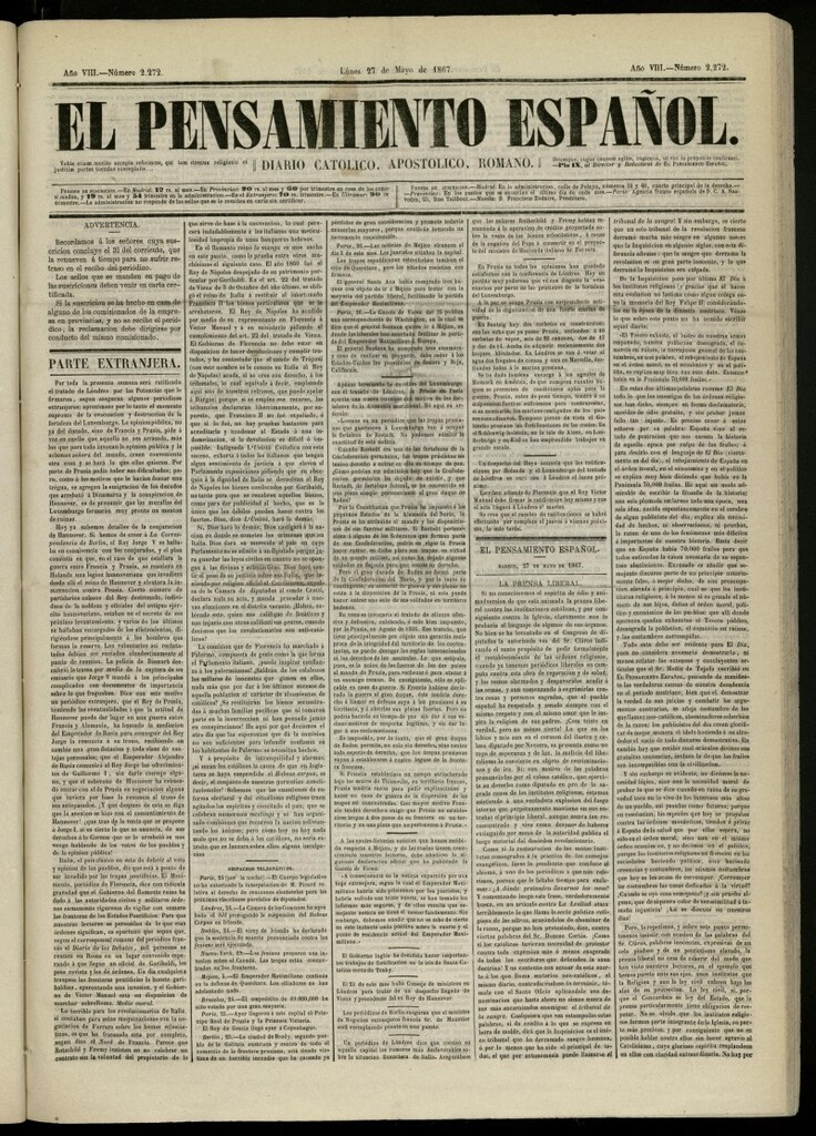 Miniatura de El Pensamiento Español del 27 de mayo de 1867, nº 2272