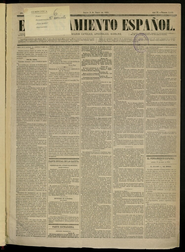 Miniatura de El Pensamiento Español del 2 de enero de 1868, nº 2452