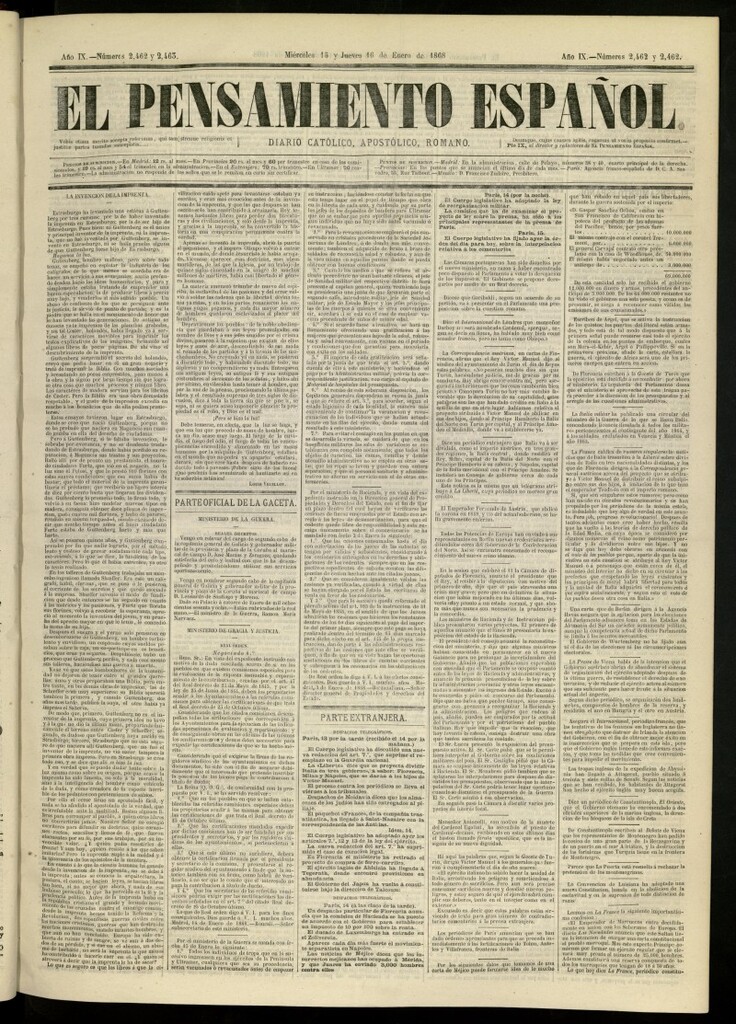Miniatura de El Pensamiento Español del 15 y 16 de enero de 1868, nº 2462-2463