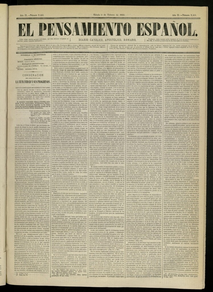 Miniatura de El Pensamiento Español del 8 de febrero de 1868, nº 2481