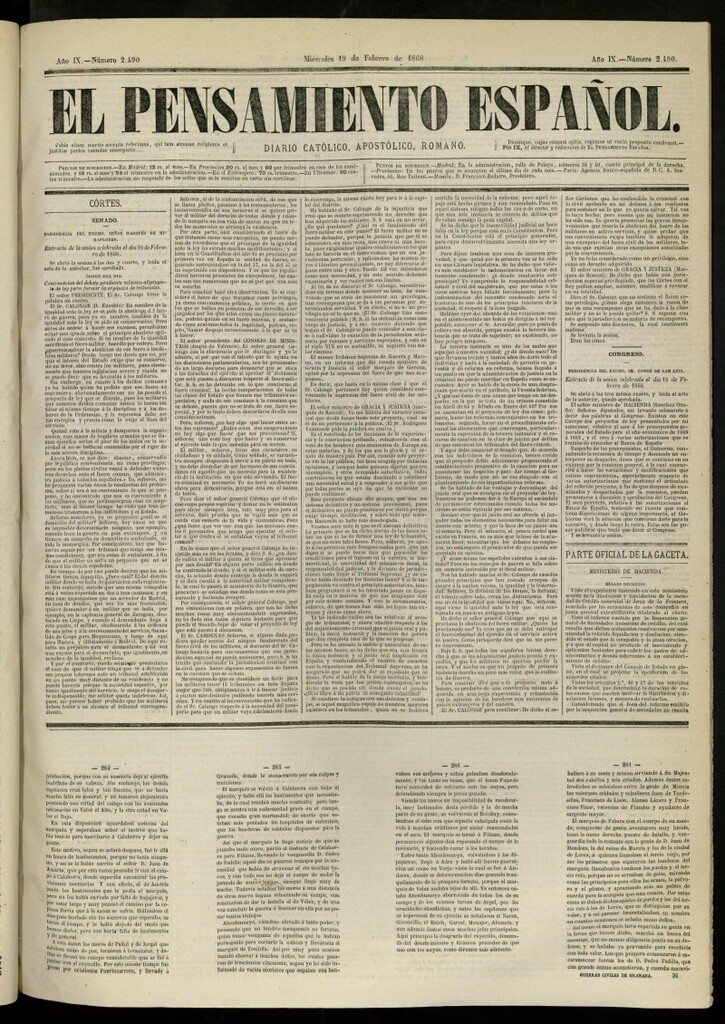 Miniatura de El Pensamiento Español del 19 de febrero de 1868, nº 2490