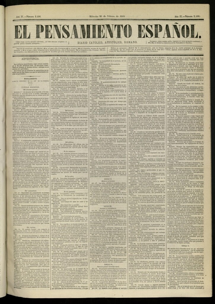 Miniatura de El Pensamiento Español del 26 de febrero de 1868, nº 2496