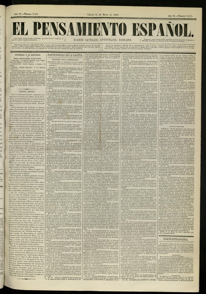 Miniatura de El Pensamiento Español del 14 de marzo de 1868, nº 2511