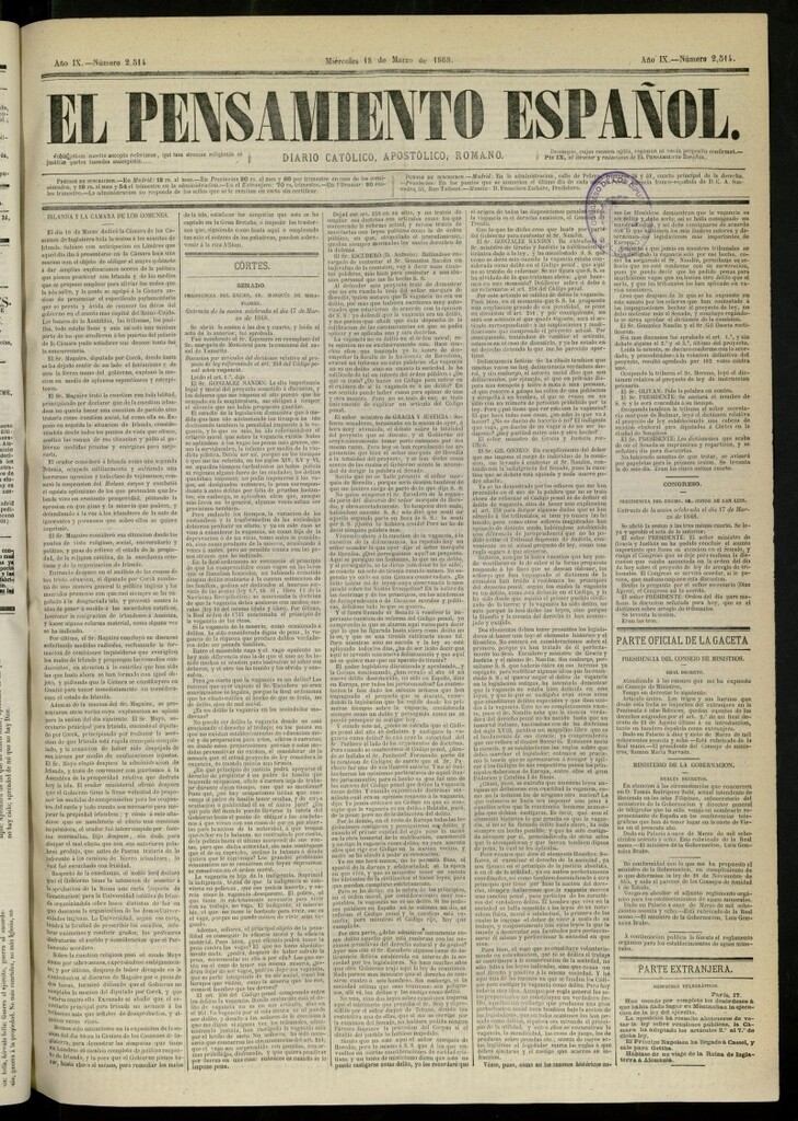Miniatura de El Pensamiento Español del 18 de marzo de 1868, nº 2514