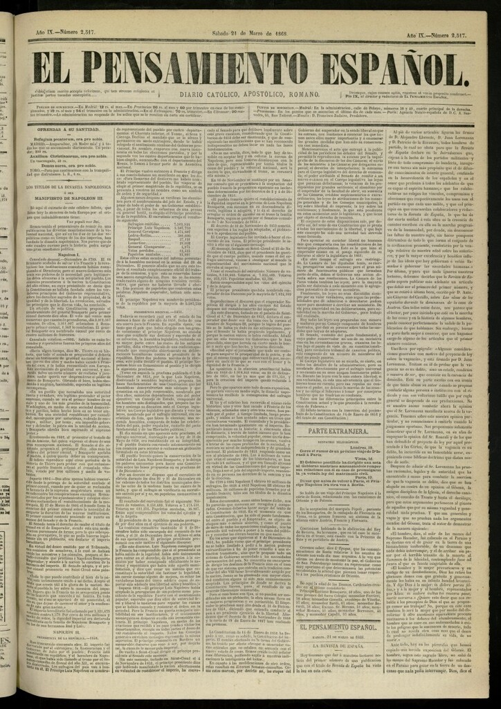 Miniatura de El Pensamiento Español del 21 de marzo de 1868, nº 2517