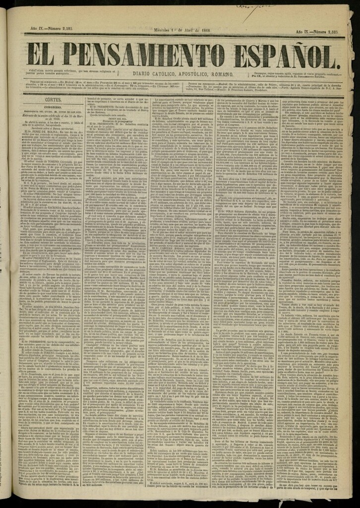 Miniatura de El Pensamiento Español del 1 de abril de 1868, nº 2525