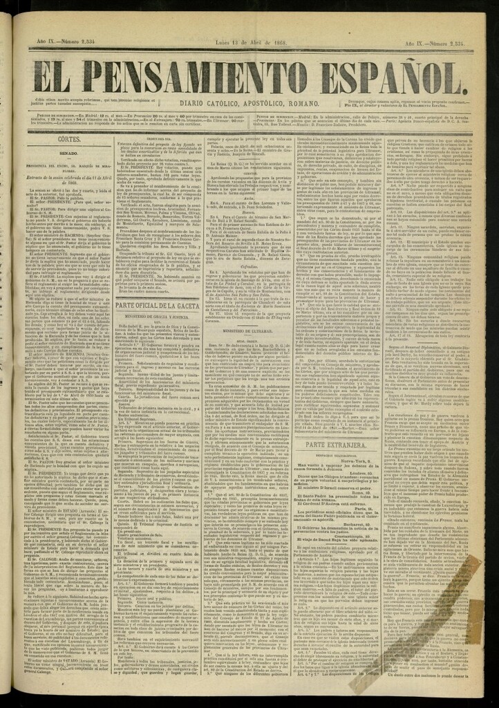 Miniatura de El Pensamiento Español del 13 de abril de 1868, nº 2534