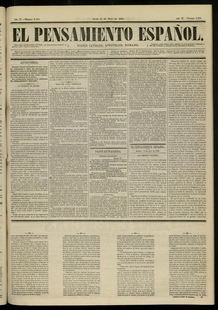 Miniatura de El Pensamiento Español del 14 de mayo de 1868, nº 2561