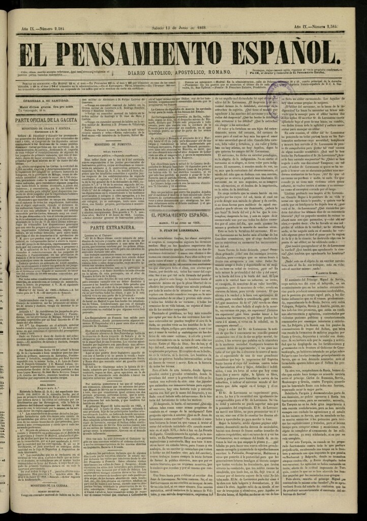 Miniatura de El Pensamiento Español del 13 de junio de 1868, nº 2584