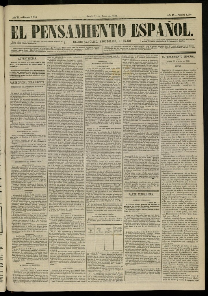 Miniatura de El Pensamiento Español del 27 de junio de 1868, nº 2596