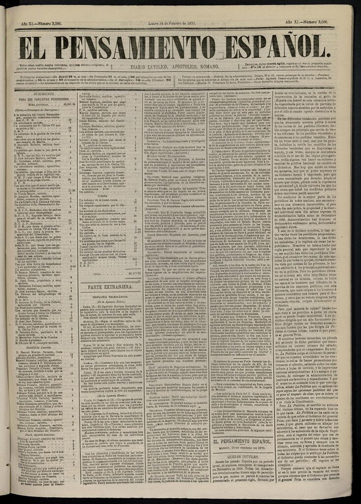 Miniatura de El Pensamiento Español del 14 de febrero de 1870, nº 3086