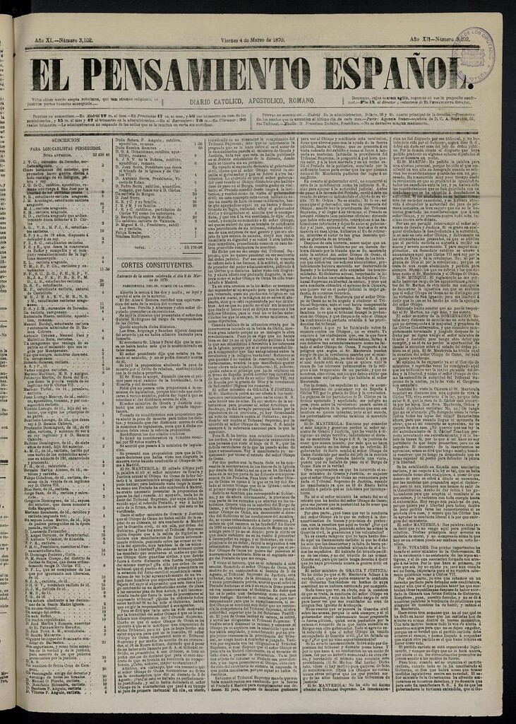 Miniatura de El Pensamiento Español del 4 de marzo de 1870, nº 3102