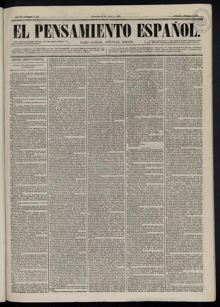 Miniatura de El Pensamiento Español del 20 de abril de 1870, nº 3140